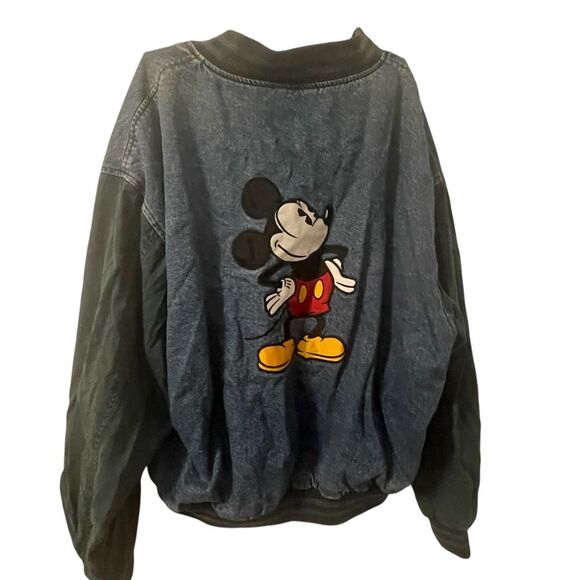 VTG 90s Genius DISNEY Mickey Mouse Denim Blue Green Snap Varsity Jacket XL RARE - Picture 1 of 16